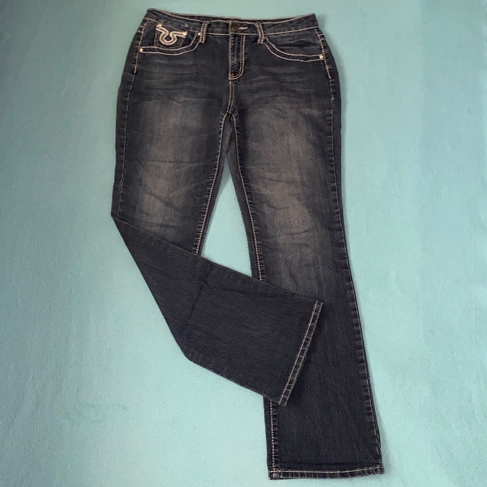 EARL JEAN denim jeans bling embroidered pockets blue vintage bootcut size 8